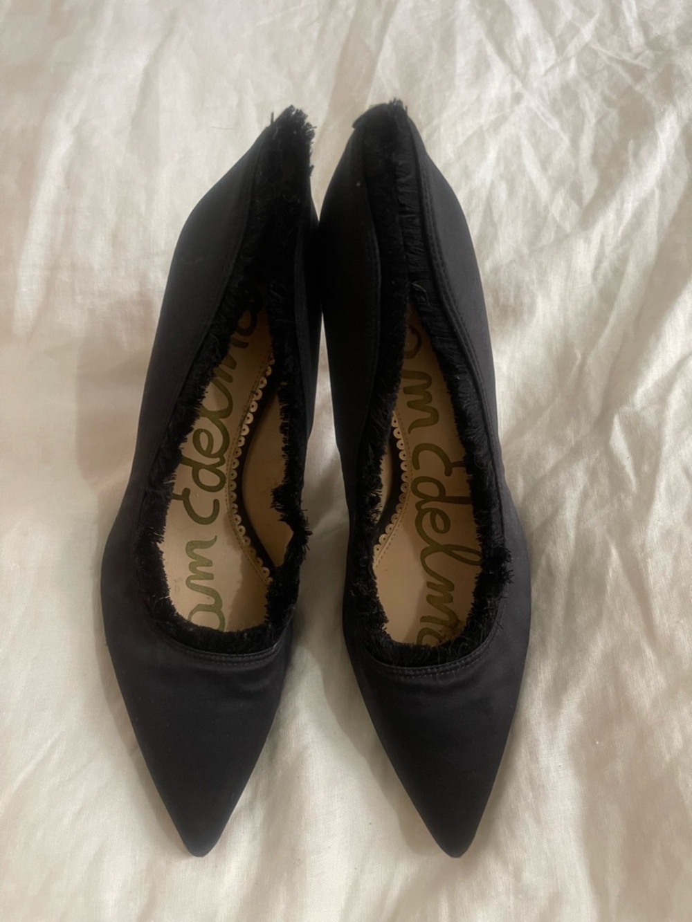 Sam Edelman Black Pointed-Toe Fringe Heels